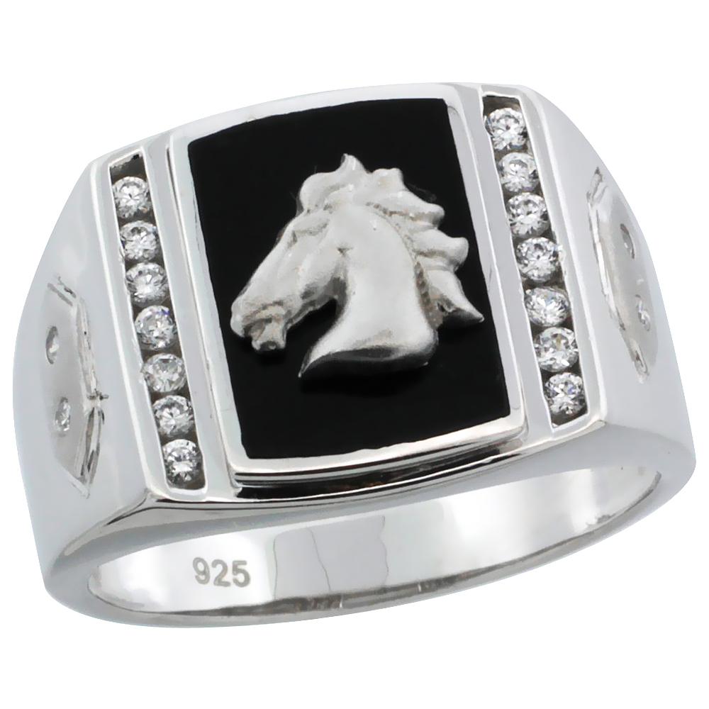 Mens Sterling Silver Black Onyx Horse Ring CZ Stones &amp; Hexagon Accents, 19/32 inch wide