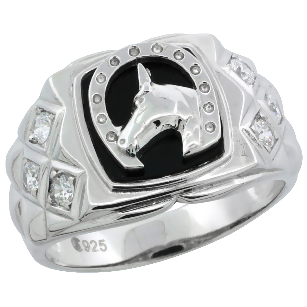 MENS STERLING SILVER SYNTHETIC BLACK ONYX HORSESHOE RING CZ STONES & SIDE FACETS 1/2 INCH WIDE