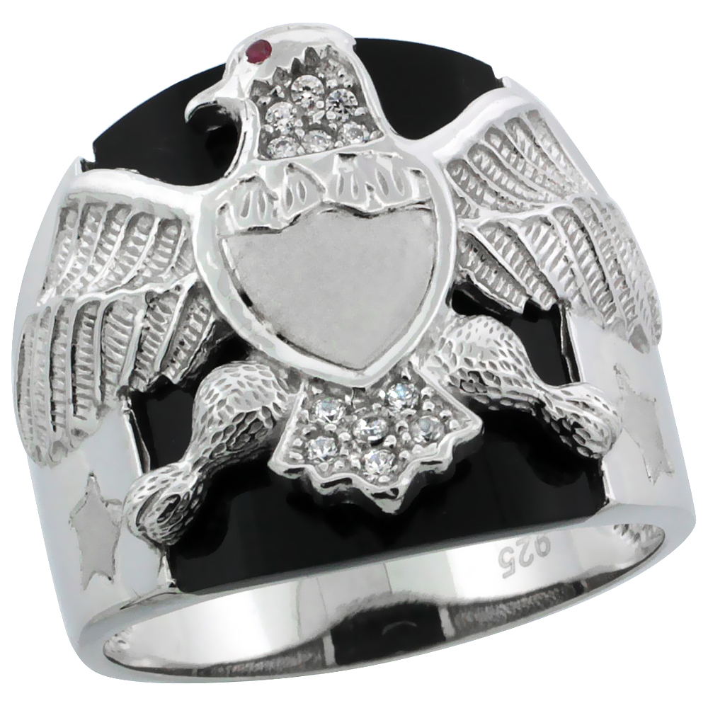 Mens Sterling Silver Cubic Zirconia Black Onyx American Eagle Ring 5/8 inch wide