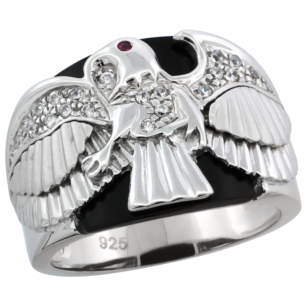 Mens Sterling Silver Black Onyx American Eagle Ring CZ Stones & Frosted Star Accents, 3/4 inch wide