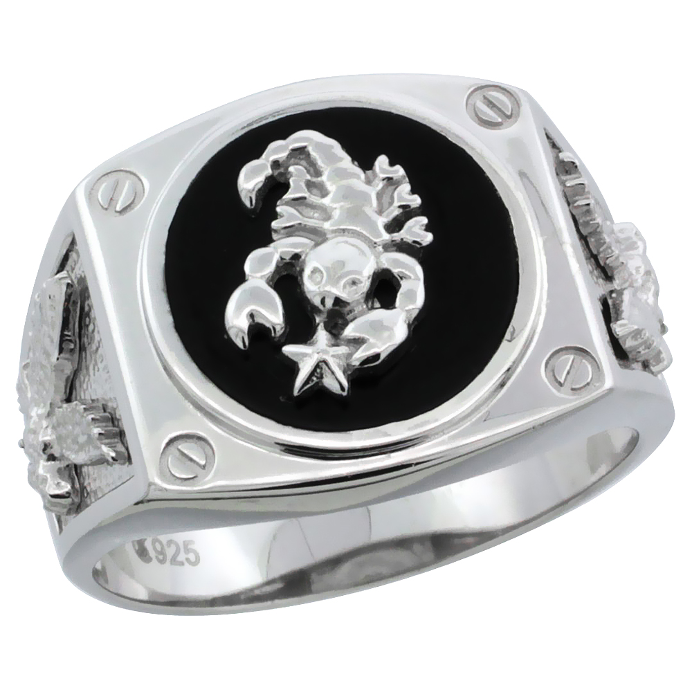 Mens Sterling Silver Black Onyx Scorpion Ring Screw Accents & American Eagle on Sides, 5/8 inch wide