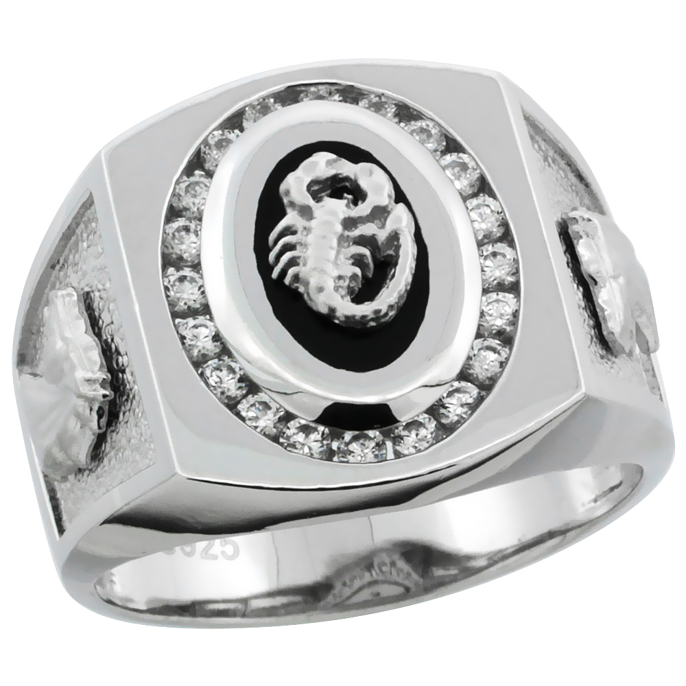 Mens Sterling Silver Black Onyx Scorpion Ring CZ Stones & Horse Head on Sides, 3/4 inch wide