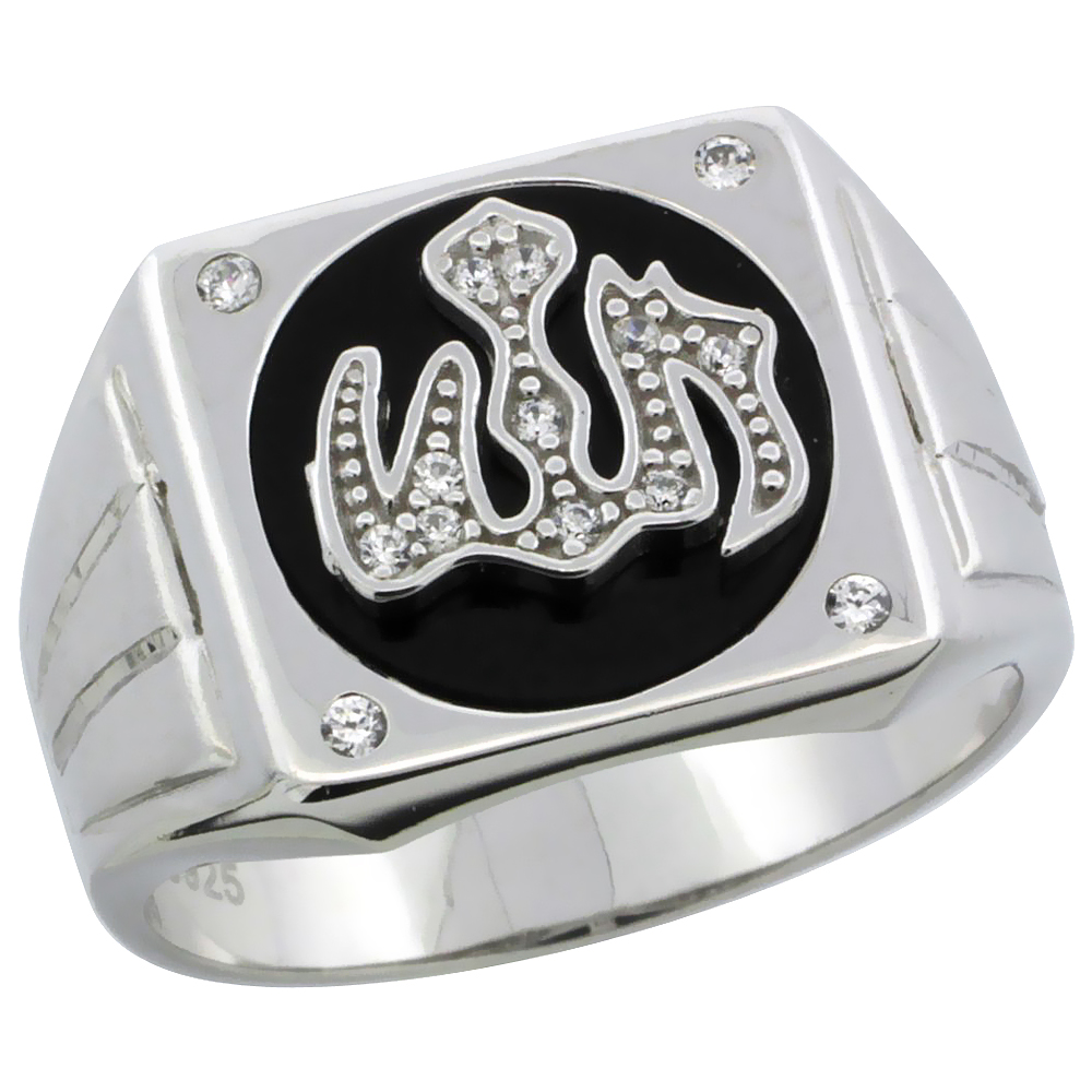 Mens Sterling Silver Black Onyx Allah Ring CZ Stones & Frosted Stripes on Sides, 1/2 inch wide