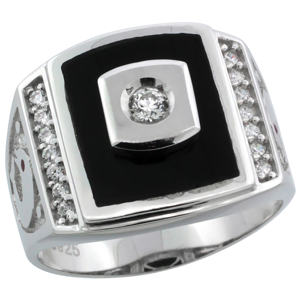 Mens Sterling Silver Black Onyx Ring CZ Stones & Dolphins on Sides, 3/4 inch wide
