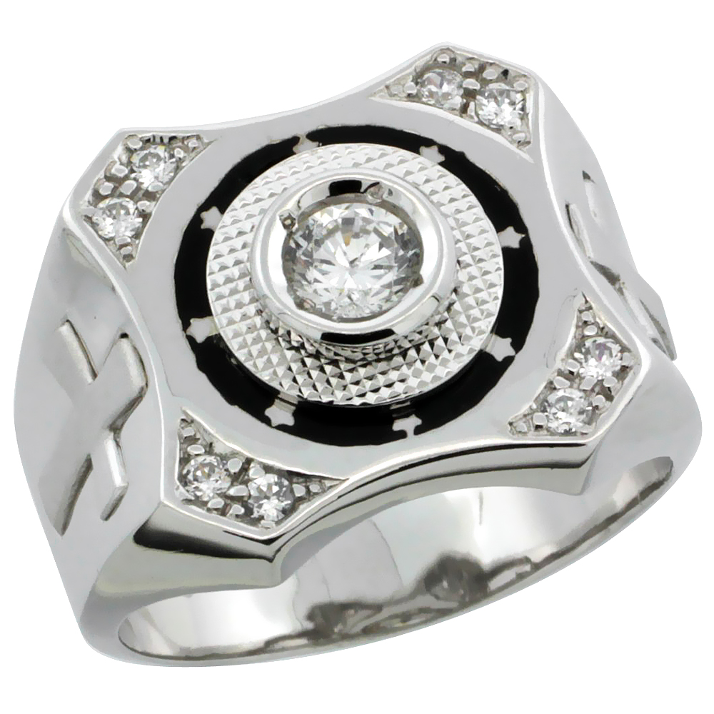 Mens Sterling Silver CZ Ring Star Accents & Cross on Sides, 5/8 inch wide