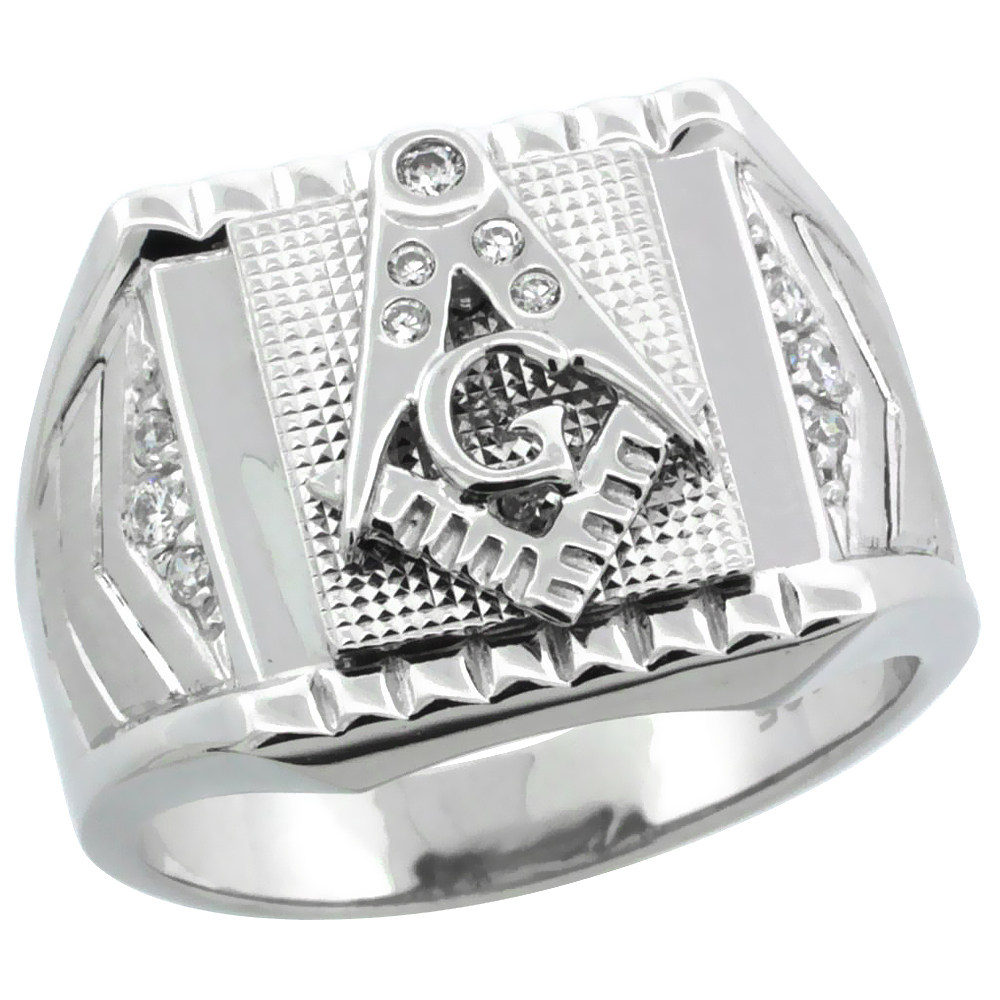 Mens Sterling Silver Masonic Ring CZ Stones &amp; Frosted Side Accents, 5/8 inch wide