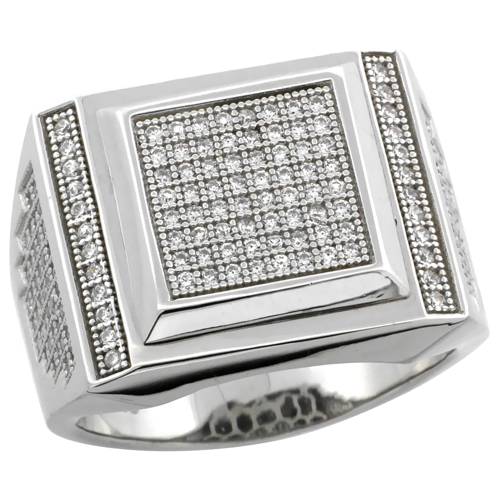 MENS STERLING SILVER CUBIC ZIRCONIA LARGE SQUARE RING 168 MICRO PAVE 5/8 INCH WIDE