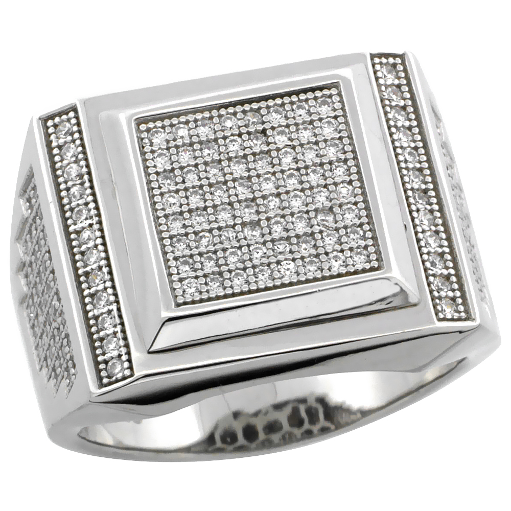 Mens Sterling Silver Cubic Zirconia Large Square Ring 168 Micro Pave 5/8 inch wide