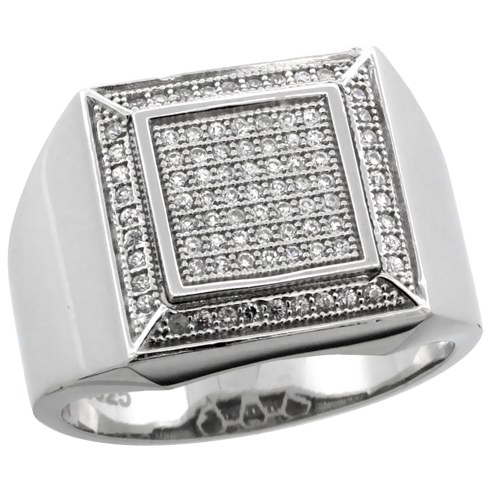 MENS STERLING SILVER CUBIC ZIRCONIA LARGE SQUARE RING 85 MICRO PAVE 19/32 INCH WIDE