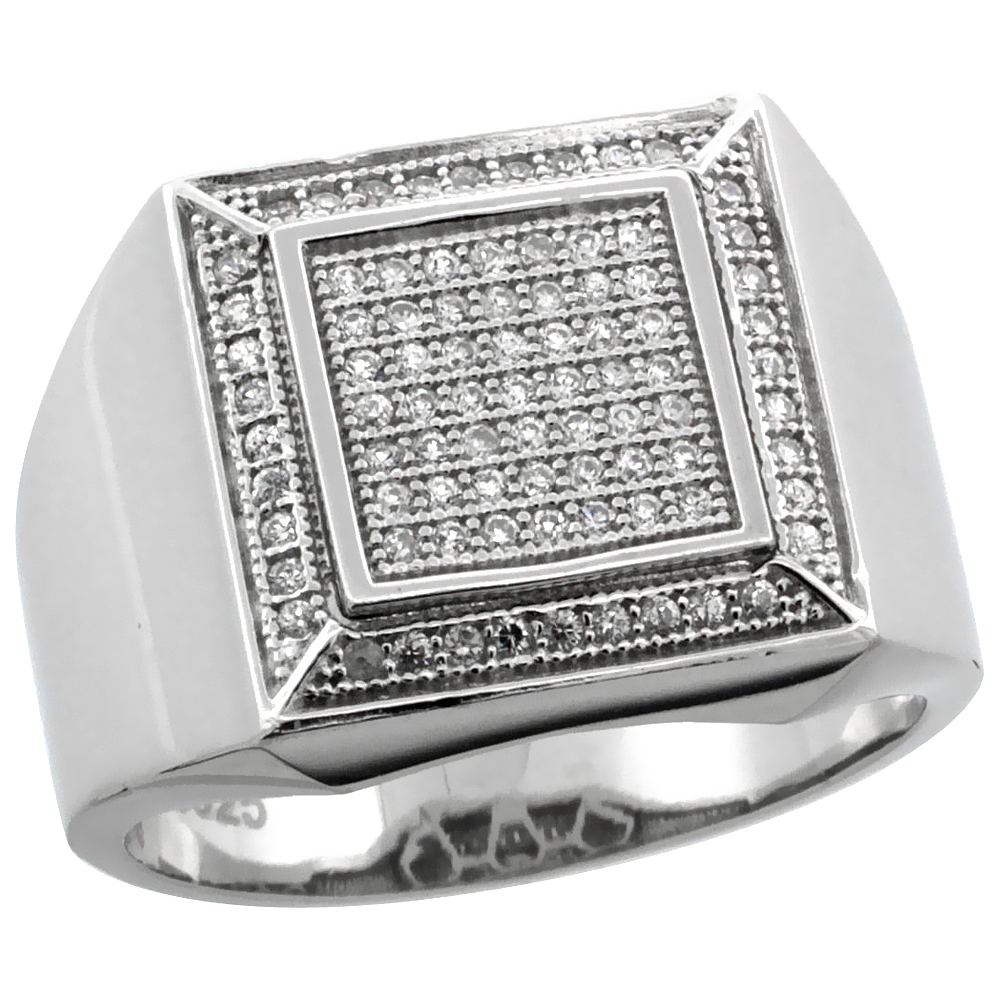 Mens Sterling Silver Cubic Zirconia Large Square Ring 85 Micro Pave 19/32 inch wide