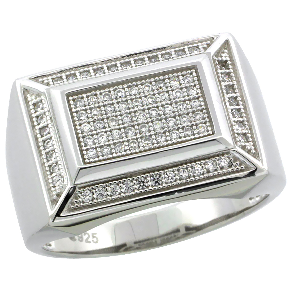 MENS STERLING SILVER CUBIC ZIRCONIA RECTANGULAR RING 81 MICRO PAVE 1/2INCH WIDE