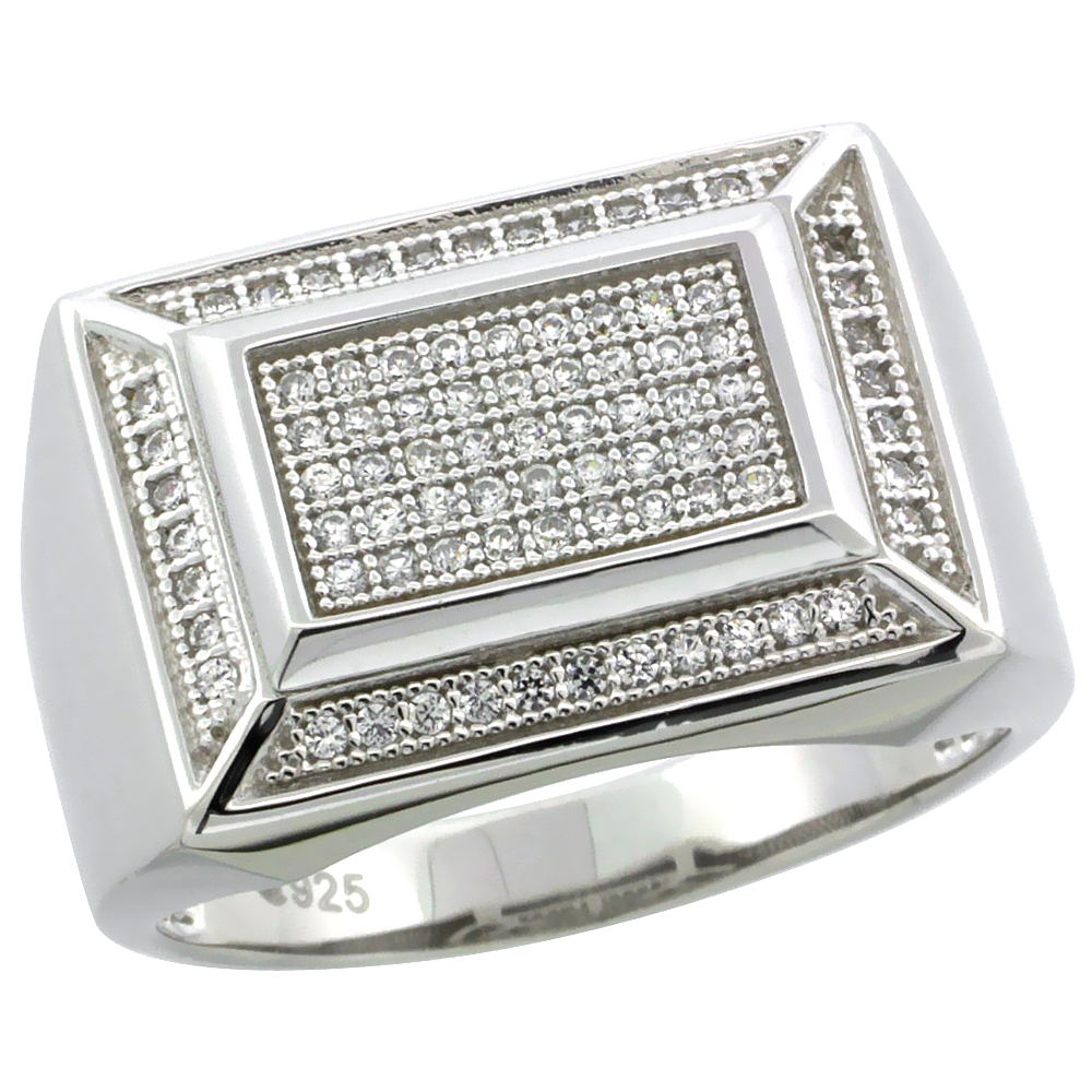 Mens Sterling Silver Cubic Zirconia Rectangular Ring 81 Micro Pave 1/2inch wide