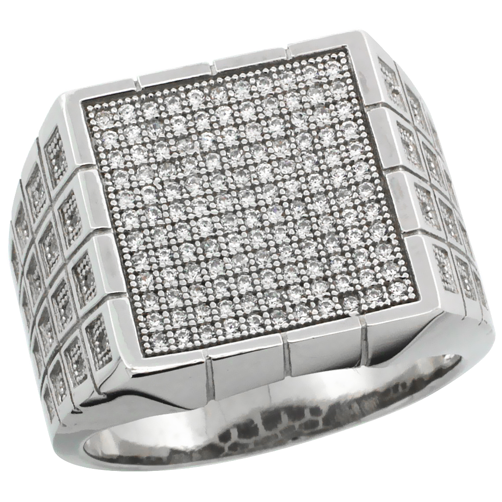 MENS STERLING SILVER CUBIC ZIRCONIA LARGE SQUARE RING 164 MICRO PAVE 3/4INCH WIDE