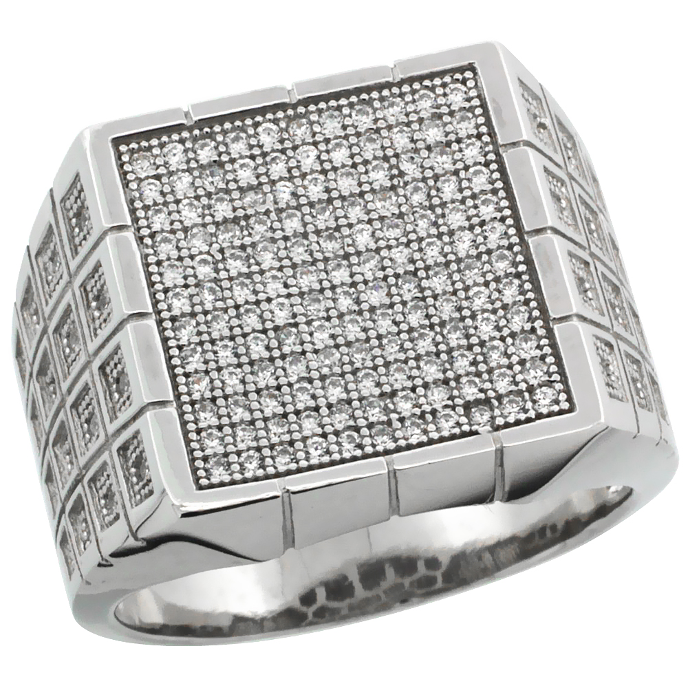 Mens Sterling Silver Cubic Zirconia Large Square Ring 164 Micro Pave 3/4inch wide