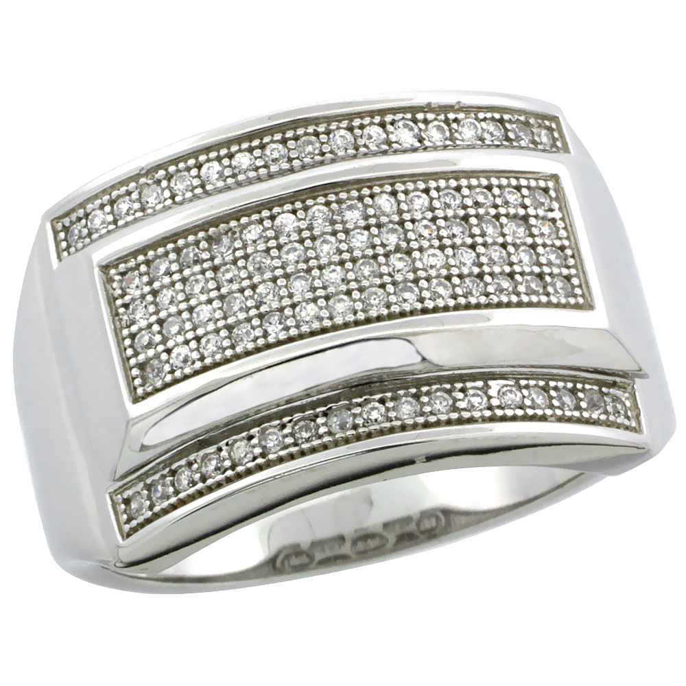Mens Sterling Silver Cubic Zirconia Large Rectangular Ring 90 Micro Pave 19/32 inch wide