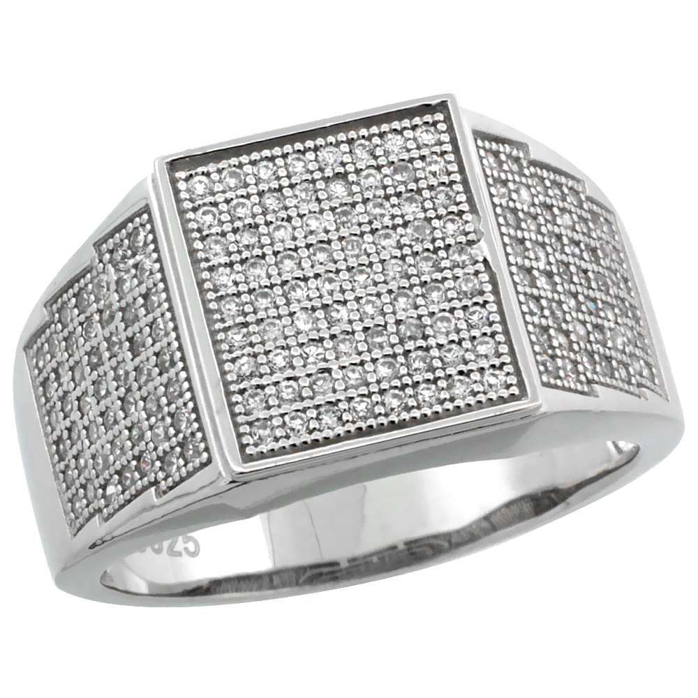 MENS STERLING SILVER CUBIC ZIRCONIA SQUARE RING 170 MICRO PAVE 1/2 INCH WIDE
