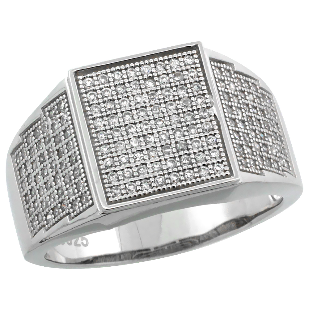 Mens Sterling Silver Cubic Zirconia Square Ring 170 Micro Pave 1/2 inch wide