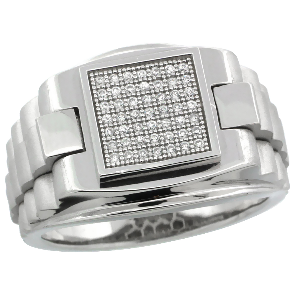 Mens Sterling Silver Cubic Zirconia Rolex Style Square Ring 49 Micro Pave 5/8 inch wide
