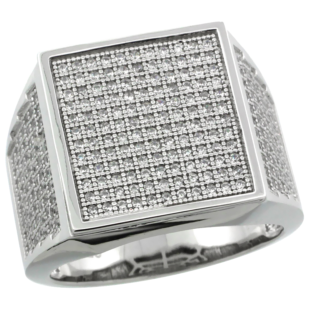 MENS STERLING SILVER CUBIC ZIRCONIA LARGE SQUARE RING 262 MICRO PAVE 3/4 INCH WIDE
