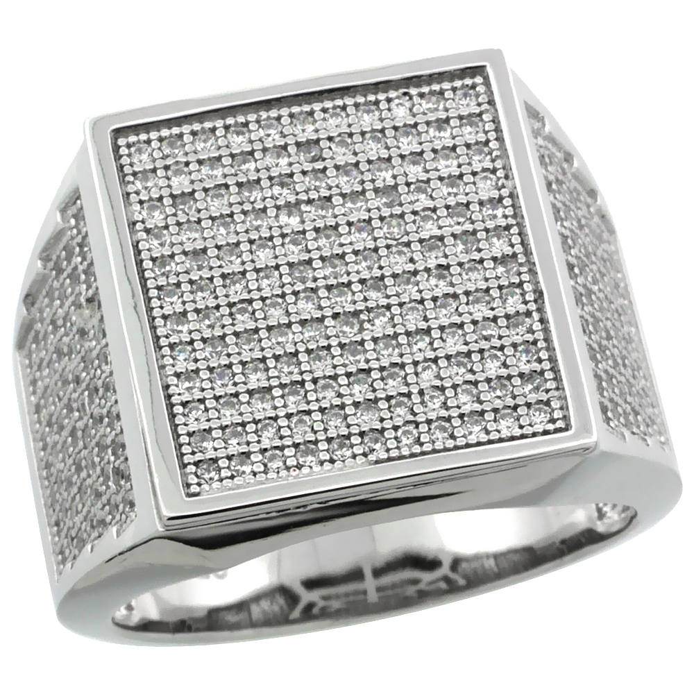 Mens Sterling Silver Cubic Zirconia Large Square Ring 262 Micro Pave 3/4 inch wide
