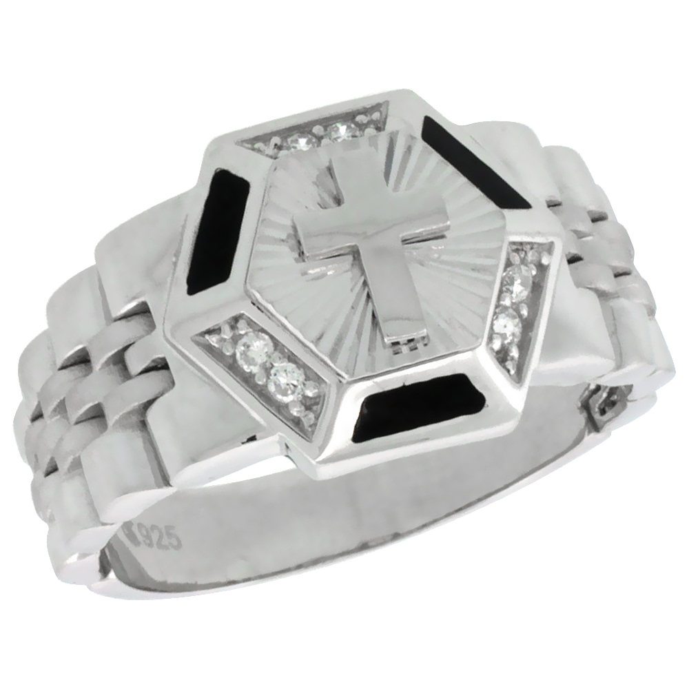 MENS STERLING SILVER CUBIC ZIRCONIA STYLE HEXAGON RING 17/32 INCH WIDE