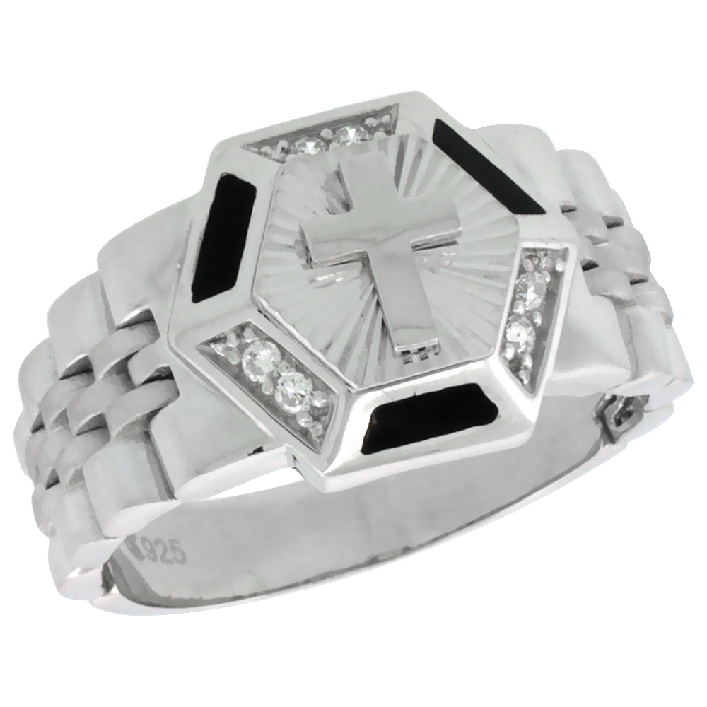 Mens Sterling Silver Cubic Zirconia Style Hexagon Ring 17/32 inch wide