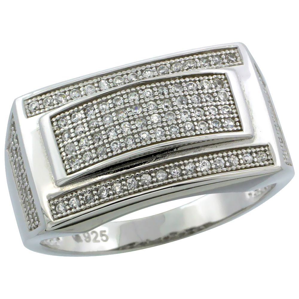 Mens Sterling Silver Cubic Zirconia Rectangular Ring 120 Micro Pave 1/2 inch wide