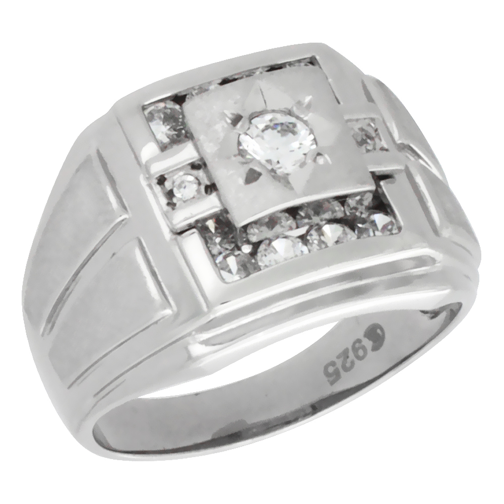 Mens Sterling Silver Frosted Side Stripes Square Ring Princess &amp; Brilliant Cut Cubic Zirconia Stones, 15mm (9/16 inch wide