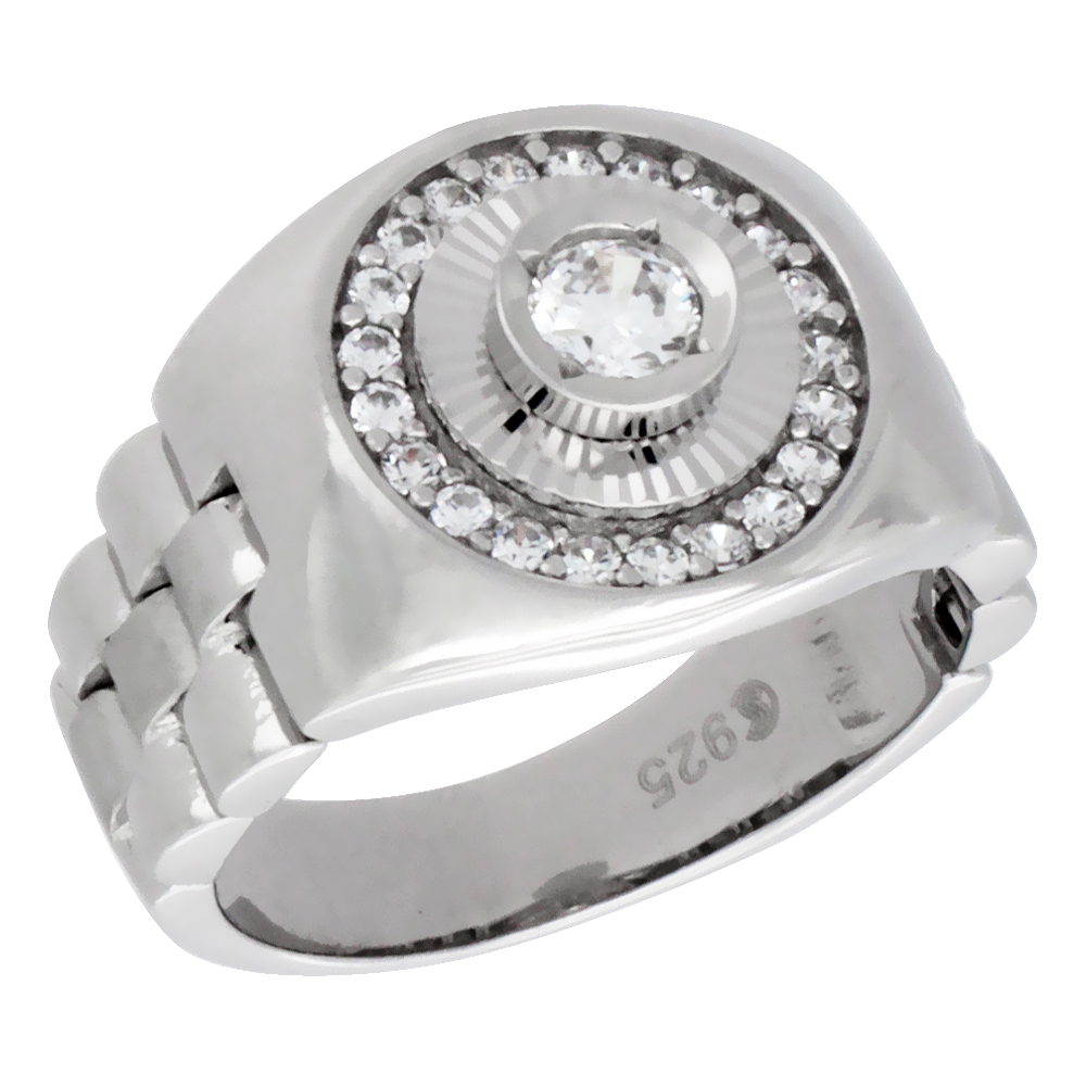 Mens Sterling Silver Style Round Ring Brilliant Cut Cubic Zirconia Stones, 14mm (9/16 inch wide