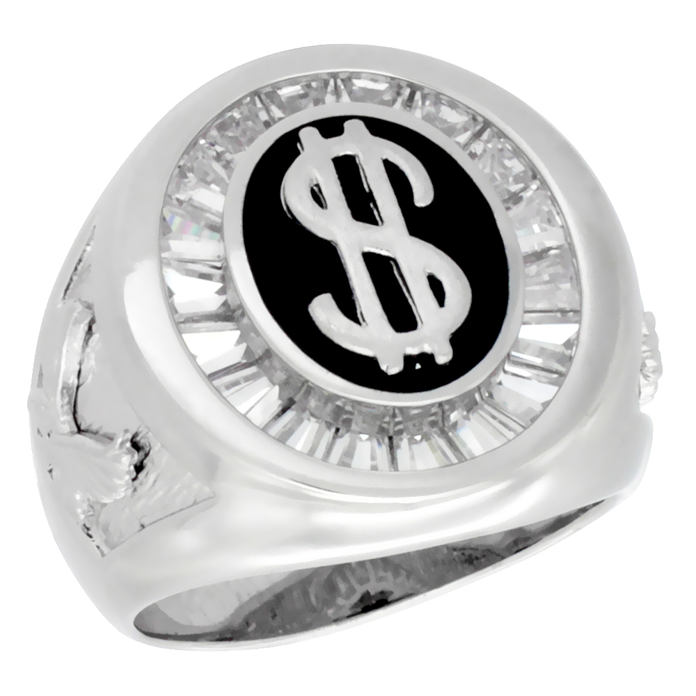Mens Sterling Silver Dollar Sign Oval Ring Brilliant Cut Cubic Zirconia Stones, 21mm (13/16 inch wide