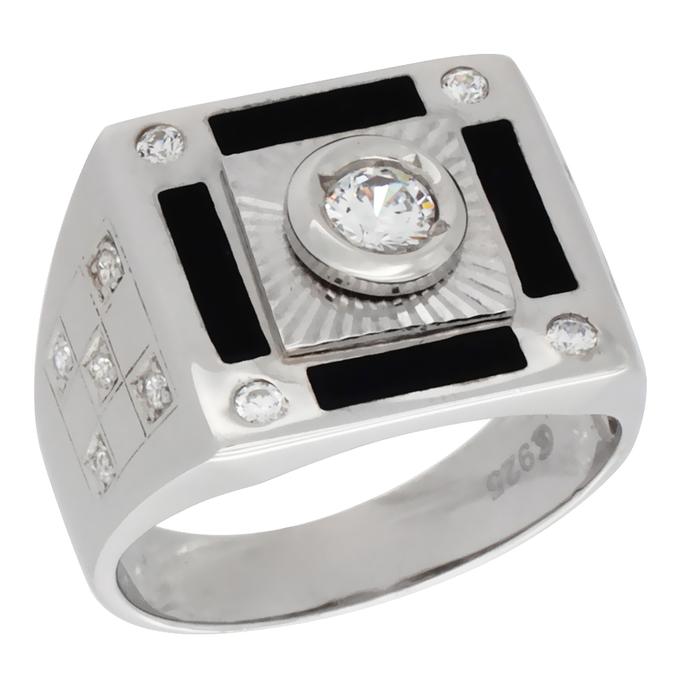 MENS STERLING SILVER SOLITAIRE RECTANGULAR RING BRILLIANT CUT CUBIC ZIRCONIA STONE 15MM (9/16 INCH WIDE