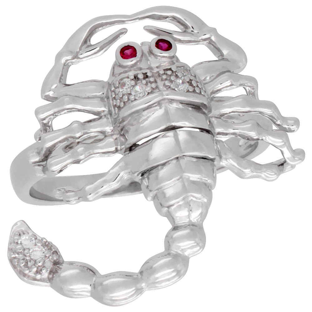 Mens Sterling Silver Scorpion Ring Brilliant Cut Cubic Zirconia Stones, 24mm (15/16 inch wide