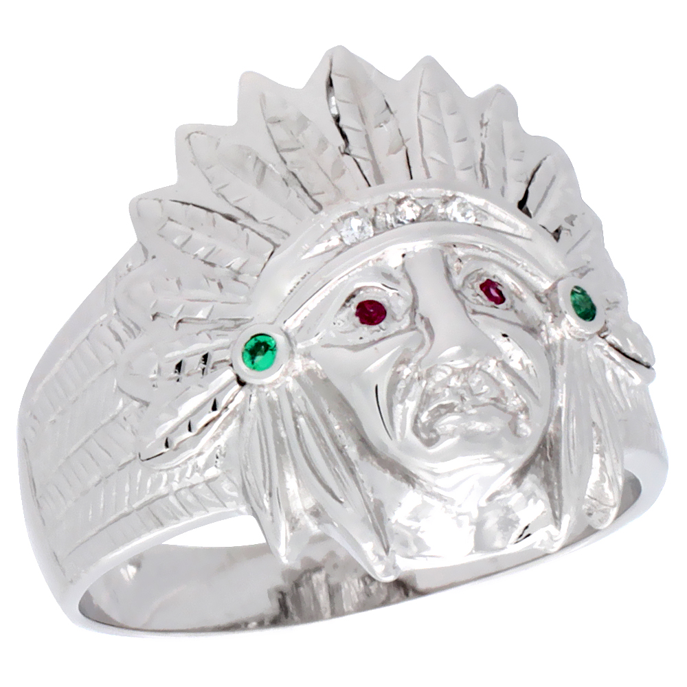 MENS STERLING SILVER INDIAN CHIEF RING BRILLIANT CUT CUBIC ZIRCONIA STONES 19MM (3/4 INCH WIDE