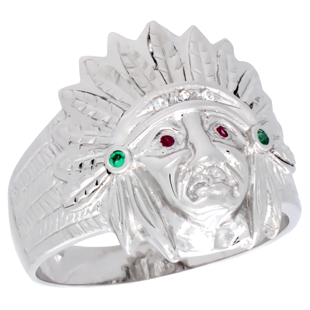 Mens Sterling Silver Indian Chief Ring Brilliant Cut Cubic Zirconia Stones, 19mm (3/4 inch wide