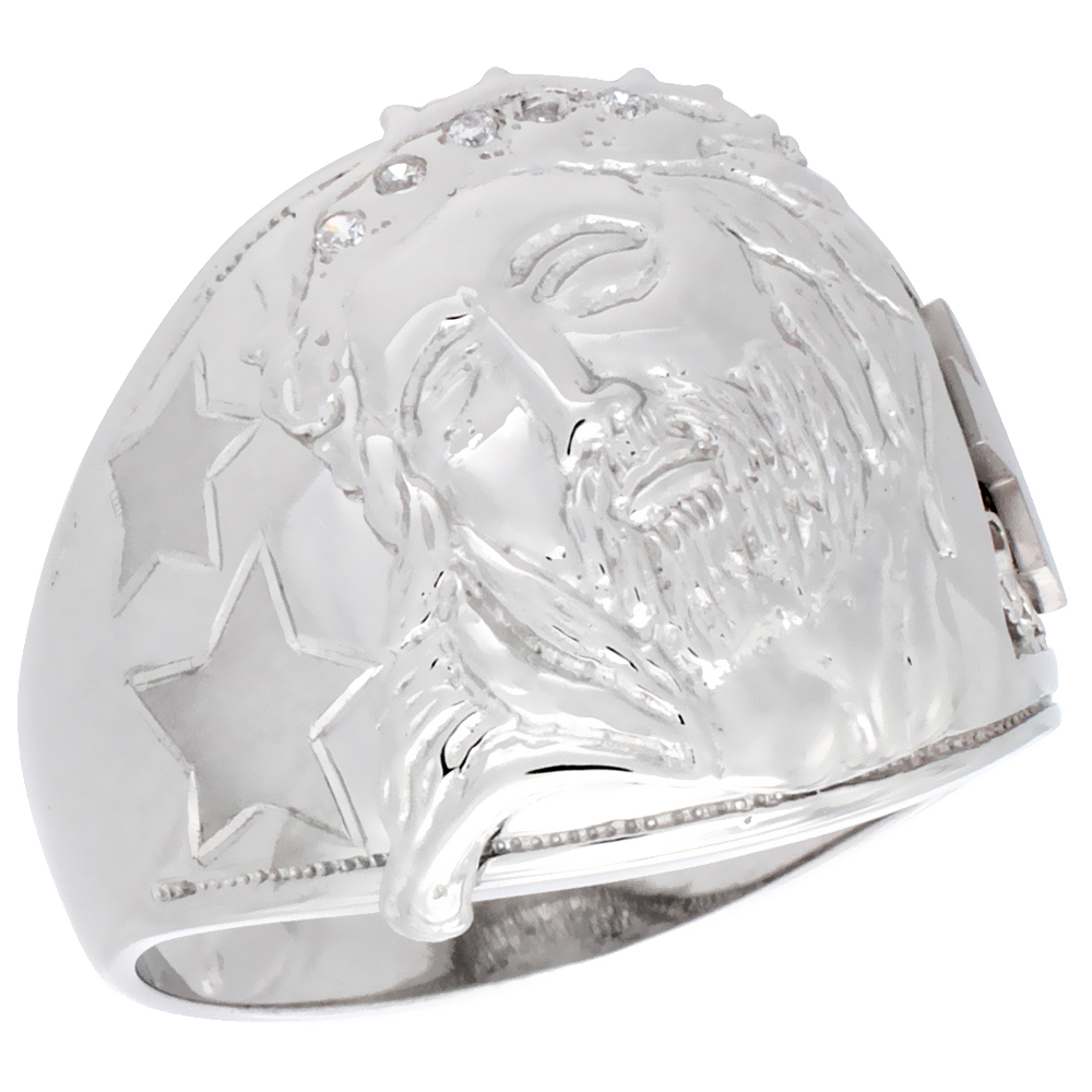 MENS STERLING SILVER JESUS CHRIST RING BRILLIANT CUT CUBIC ZIRCONIA STONES 20MM (13/16 INCH WIDE