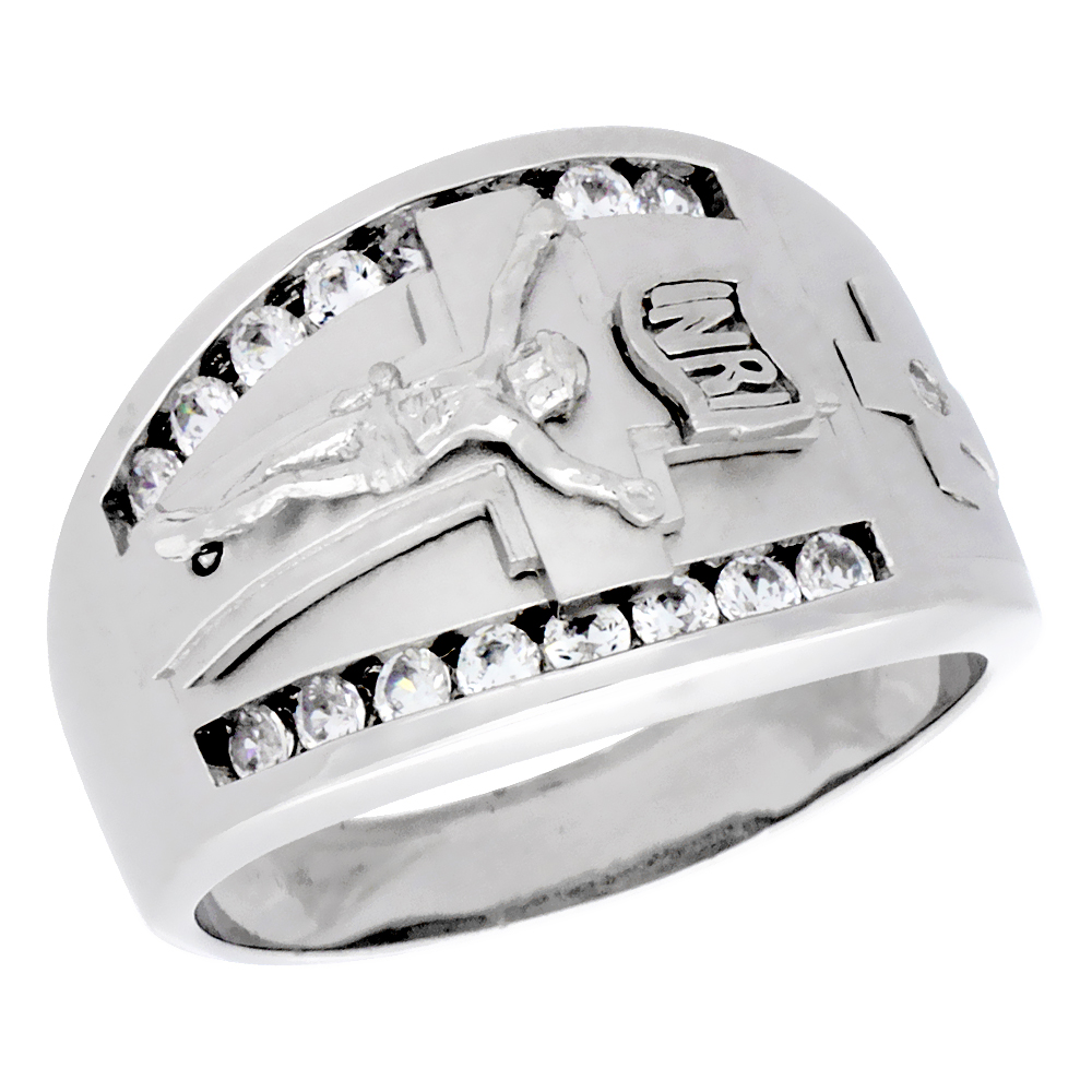 MENS STERLING SILVER JESUS CHRIST CRUCIFIX RING BRILLIANT CUT CUBIC ZIRCONIA STONES 15MM (9/16 INCH WIDE