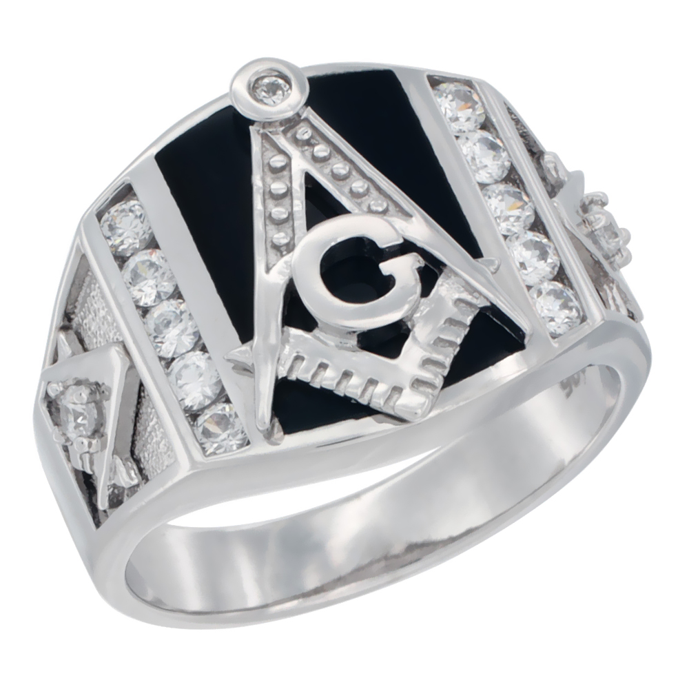MENS STERLING SILVER CUBIC ZIRCONIA MASONIC RING RECTANGULAR SYNTHETIC BLACK ONYX 5/8 INCH WIDE
