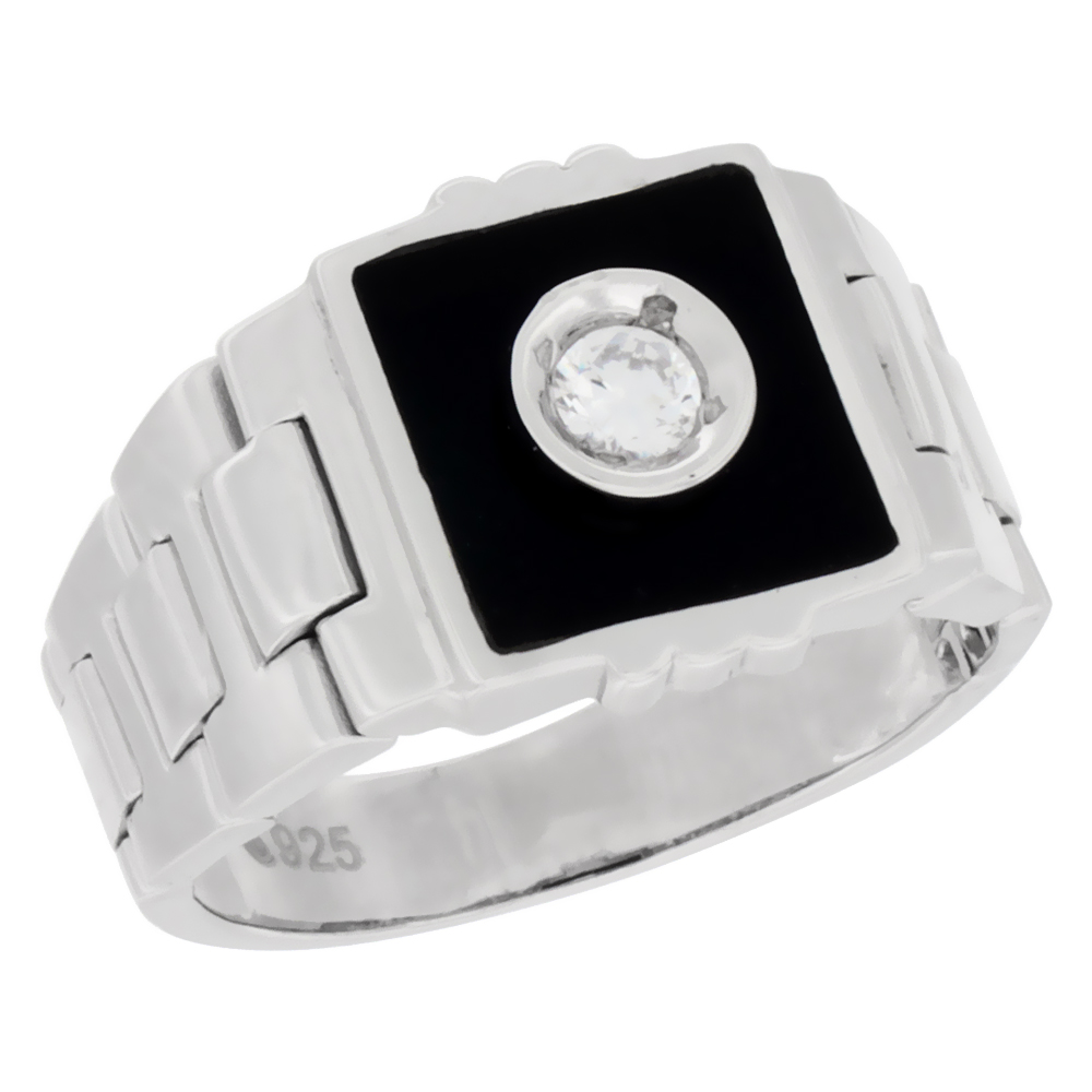 Mens Sterling Silver Cubic Zirconia Ring Square Black Onyx 9/16 inch wide