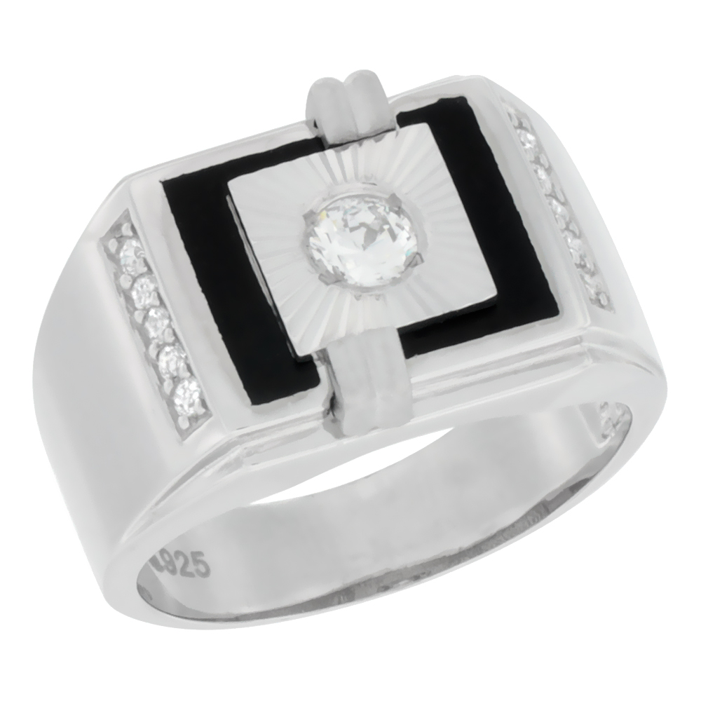 MENS STERLING SILVER RECTANGULAR SYNTHETIC BLACK ONYX RING 2-BAR ACCENTS & CUBIC ZIRCONIA STONES 9/16 INCH WIDE
