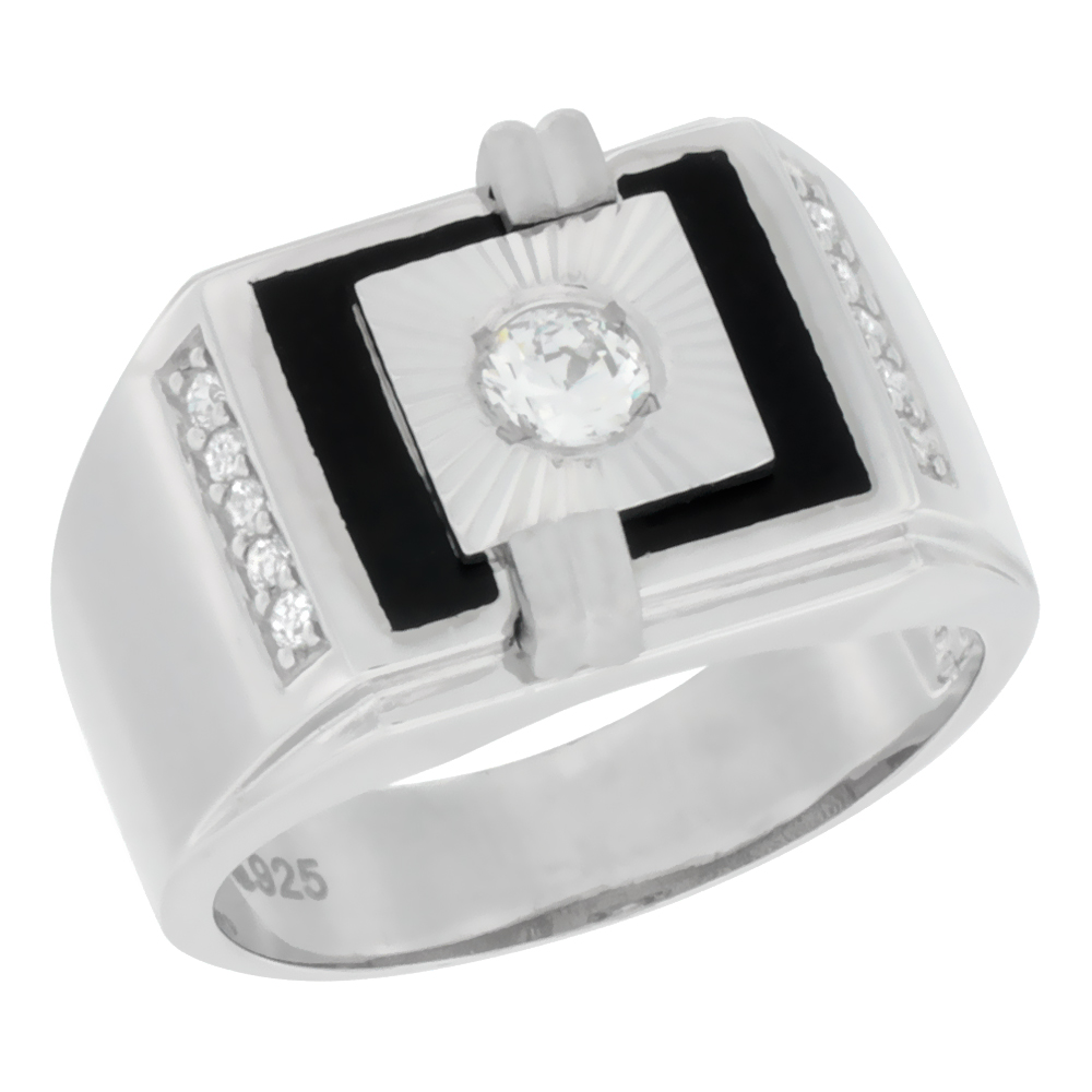 Mens Sterling Silver Rectangular Black Onyx Ring 2-bar Accents &amp; Cubic Zirconia Stones 9/16 inch wide