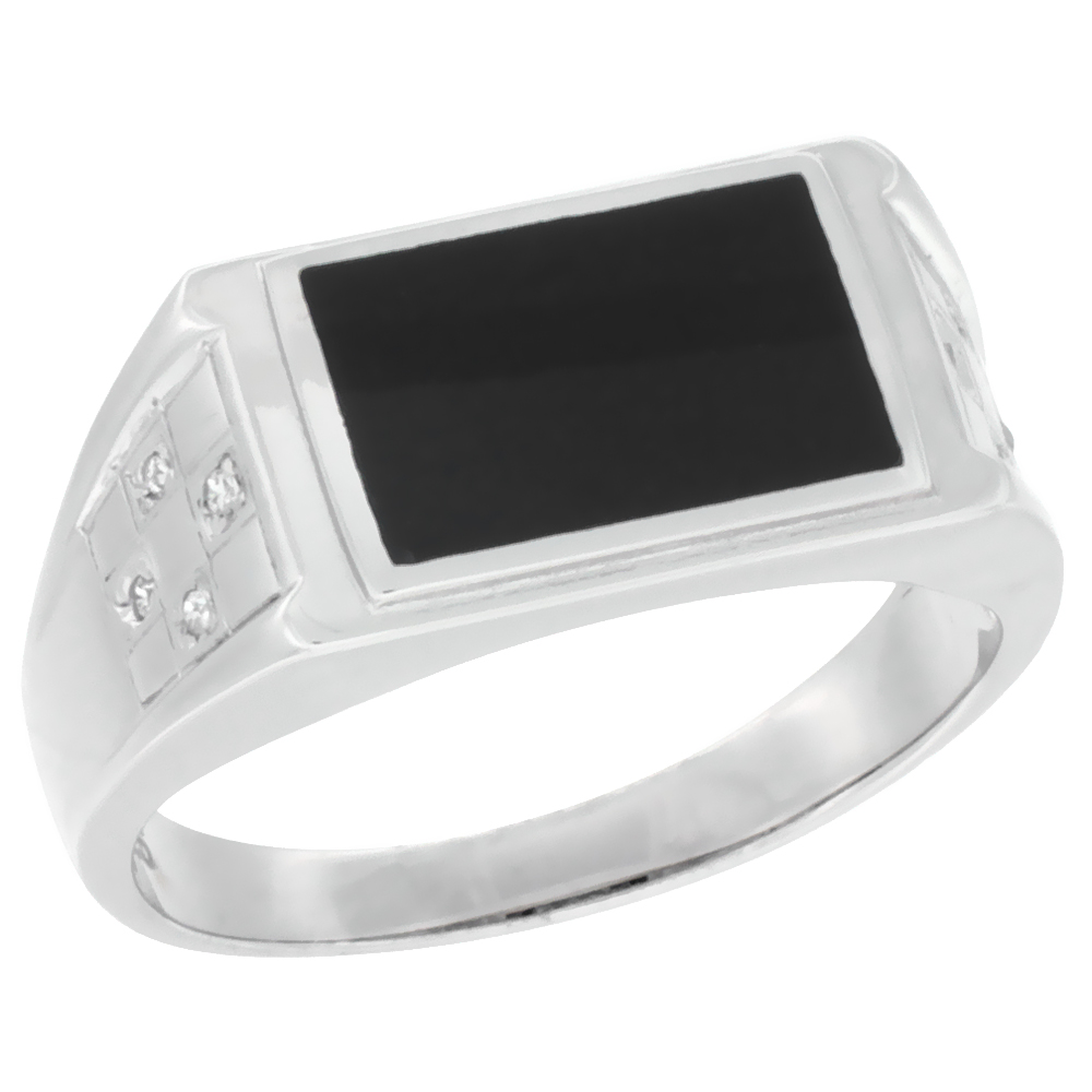 MENS STERLING SILVER RECTANGULAR SYNTHETIC BLACK ONYX RING CHECKERBOARD SIDES & CUBIC ZIRCONIA STONES 3/8 INCH WIDE