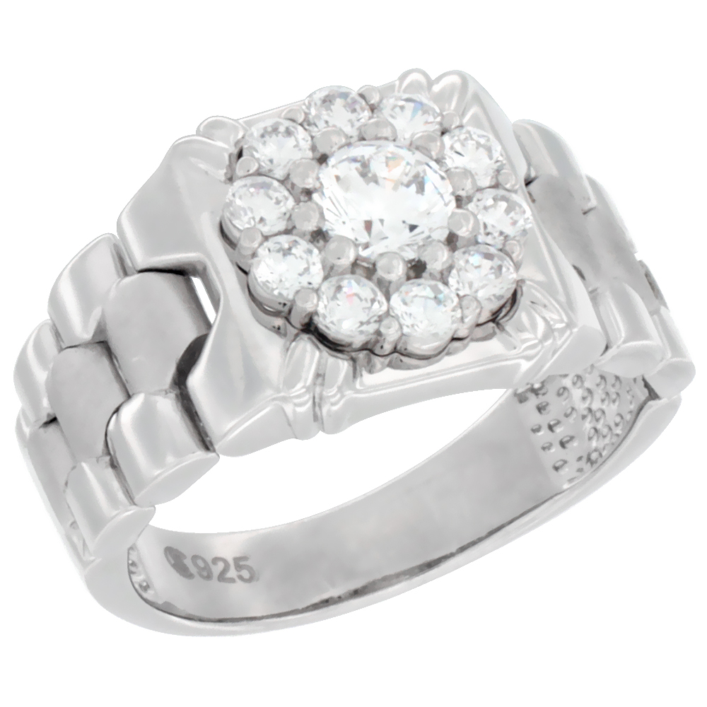 Mens Sterling Silver Square Ring with Clustered Cubic Zirconia Stones 1/2 inch wide