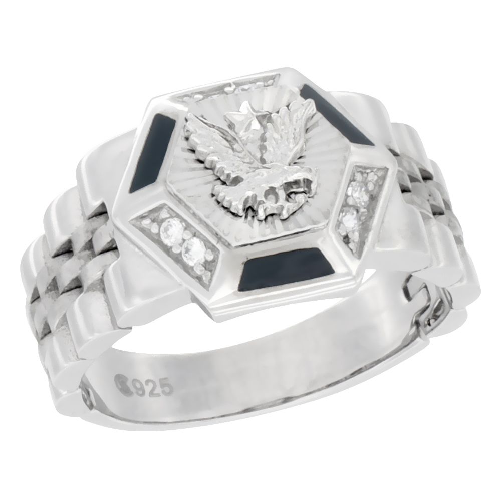 Mens Sterling Silver Hexagonal Eagle Ring Cubic Zirconia Stones &amp; Black Onyx Accents 9/16 inch wide