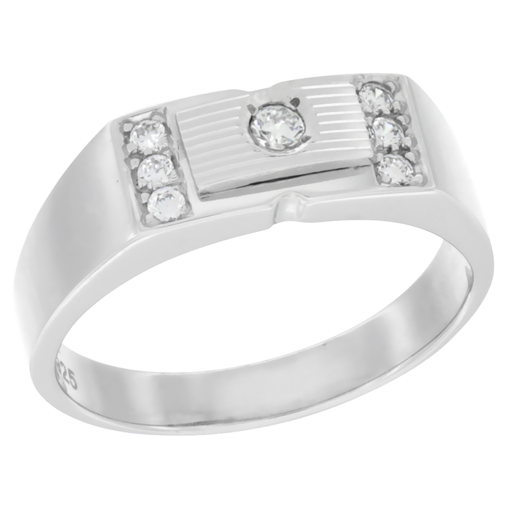 Mens Sterling Silver Rectangular Striped Ring Cubic Zirconia Stones 1/4 inch wide