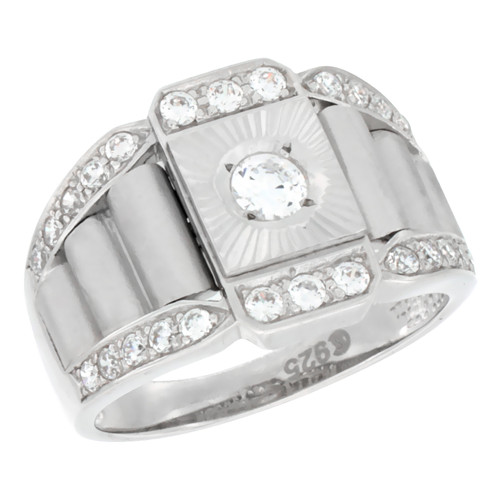 Mens Sterling Silver Rectangular Ring with Cubic Zirconia Stones Watch Type Band 5/8 inch wide