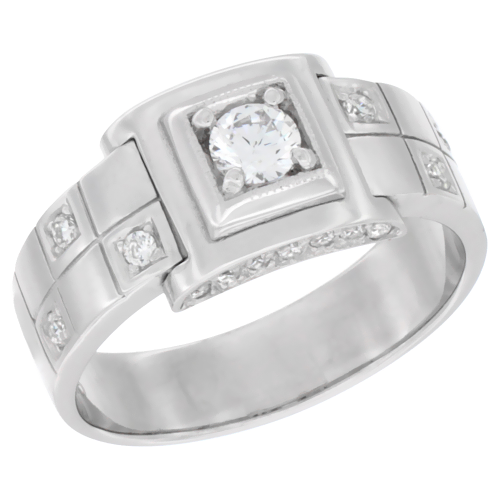 Mens Sterling Silver Square Ring with Cubic Zirconia Stones Checkerboard Style 3/8 inch wide