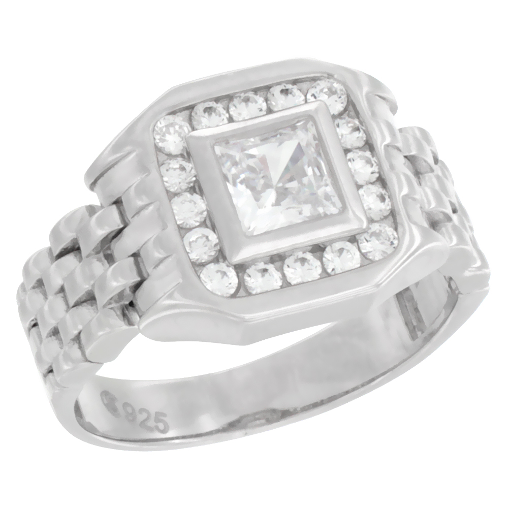 Mens Sterling Silver Square Ring with Cubic Zirconia Stones Watch Type Band 1/2 inch wide