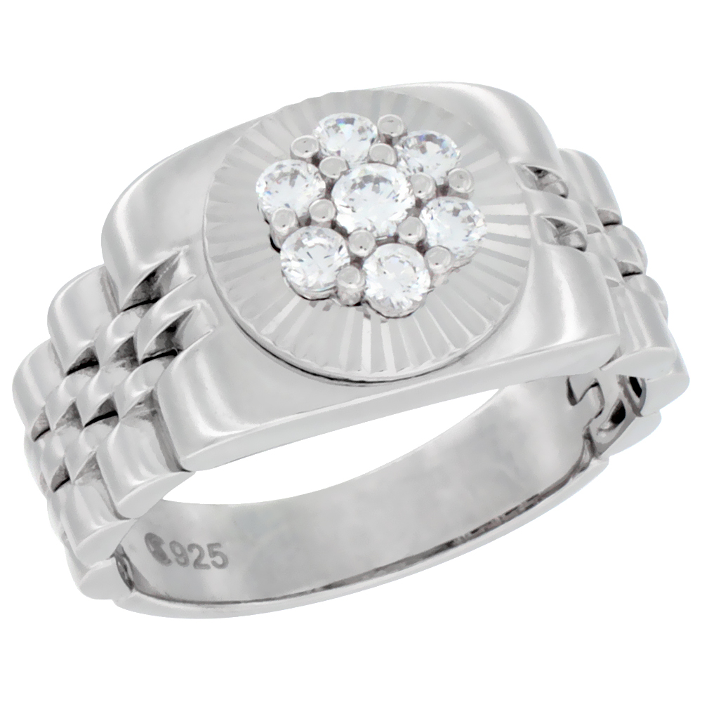 Mens Sterling Silver Round Ring with Clustered Cubic Zirconia Stones 7/16 inch wide