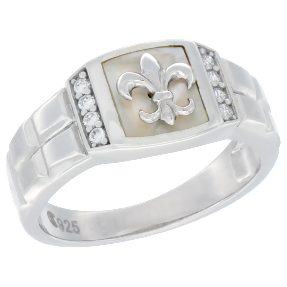 Mens Sterling Silver Cubic Zirconia Fleur de Lis Ring Square Shell 3/8 inch wide
