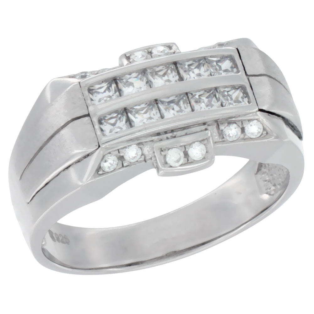 Mens Sterling Silver Rectangular Ring with 2-row Channel Set Cubic Zirconia Stones 7/16 inch wide
